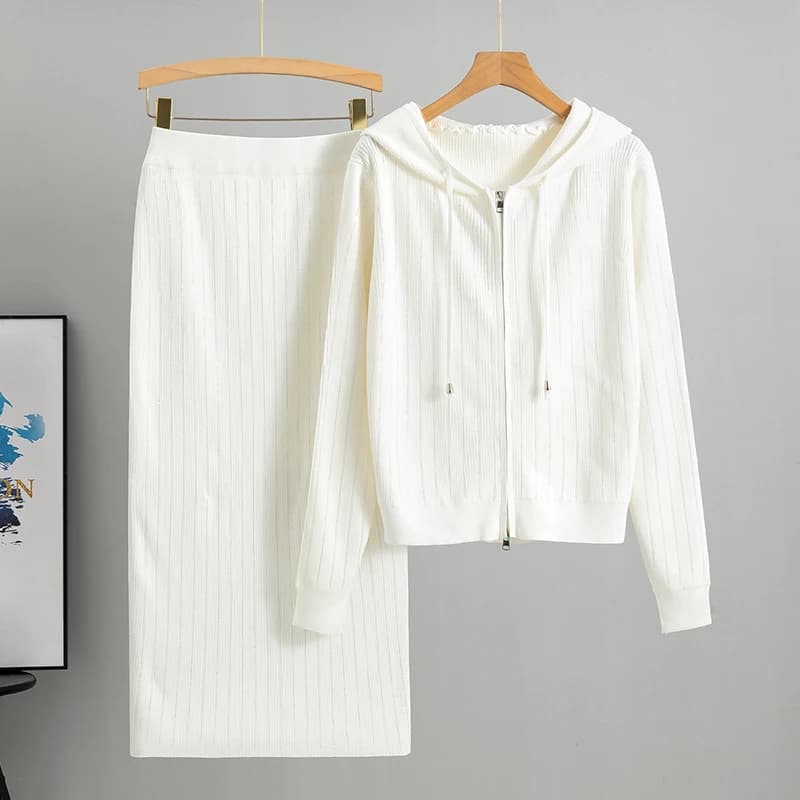 Cardigan tricoté pour femmes, taille haute, jupe enveloppée dans les fesses, costumes 2 pièces, ense