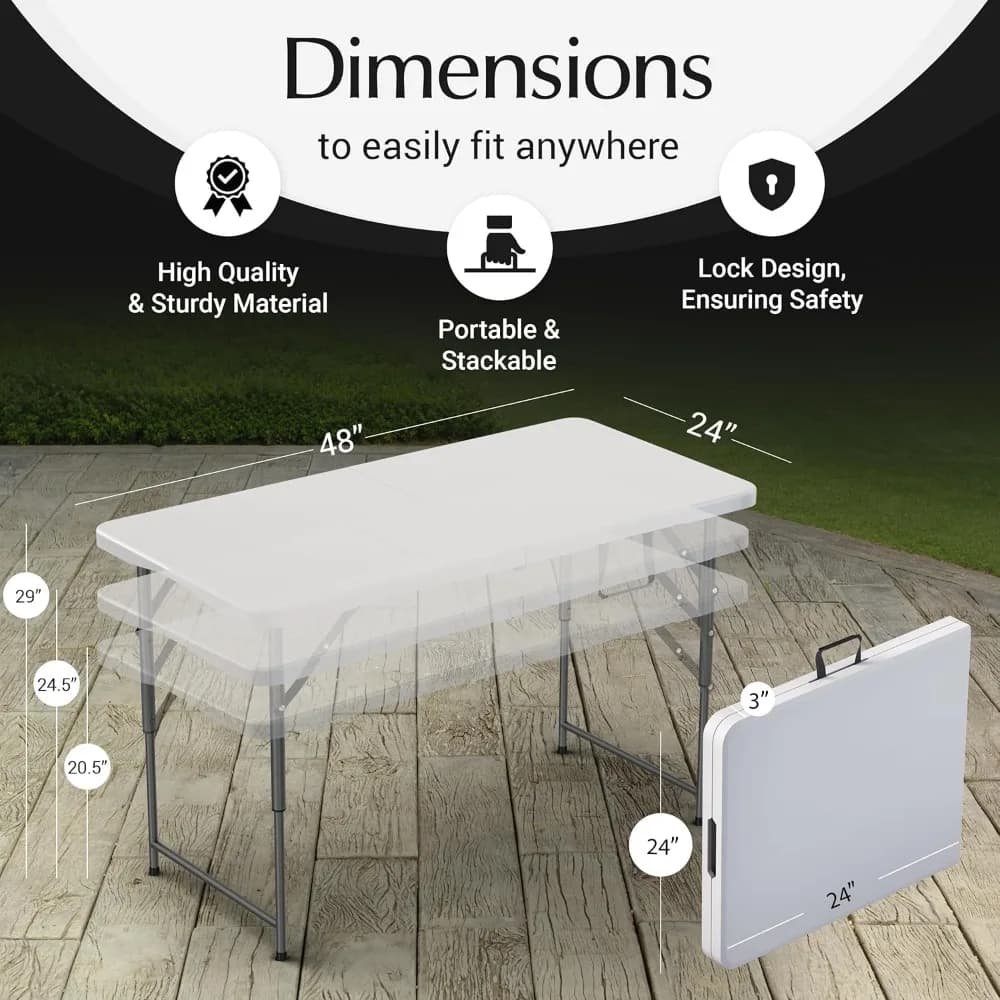 Table pliante de 4 pieds, robuste, portable, hauteur réglable, pieds en acier, poignée intégrée pour