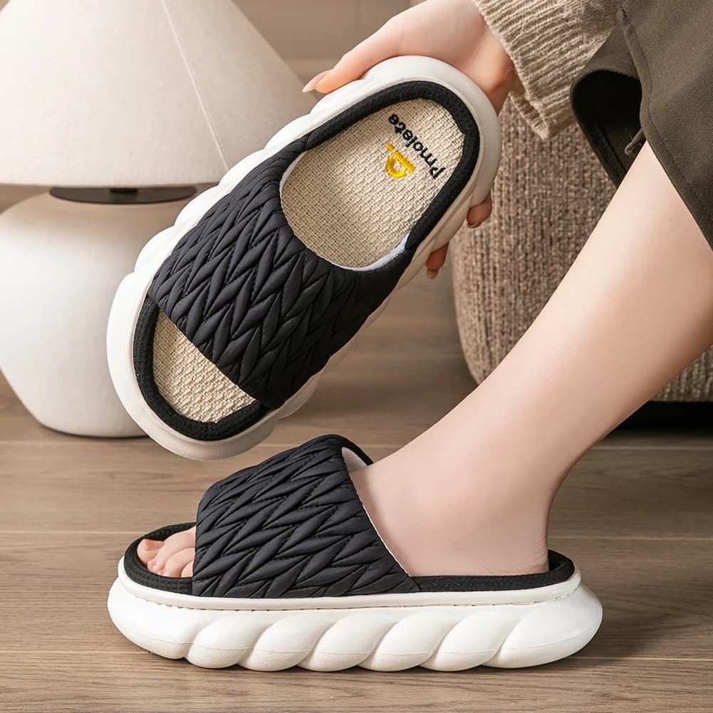 Chaussons d'intérieur pour femmes, dessus en tissu, formes géométriques tissées, semelle plateforme 