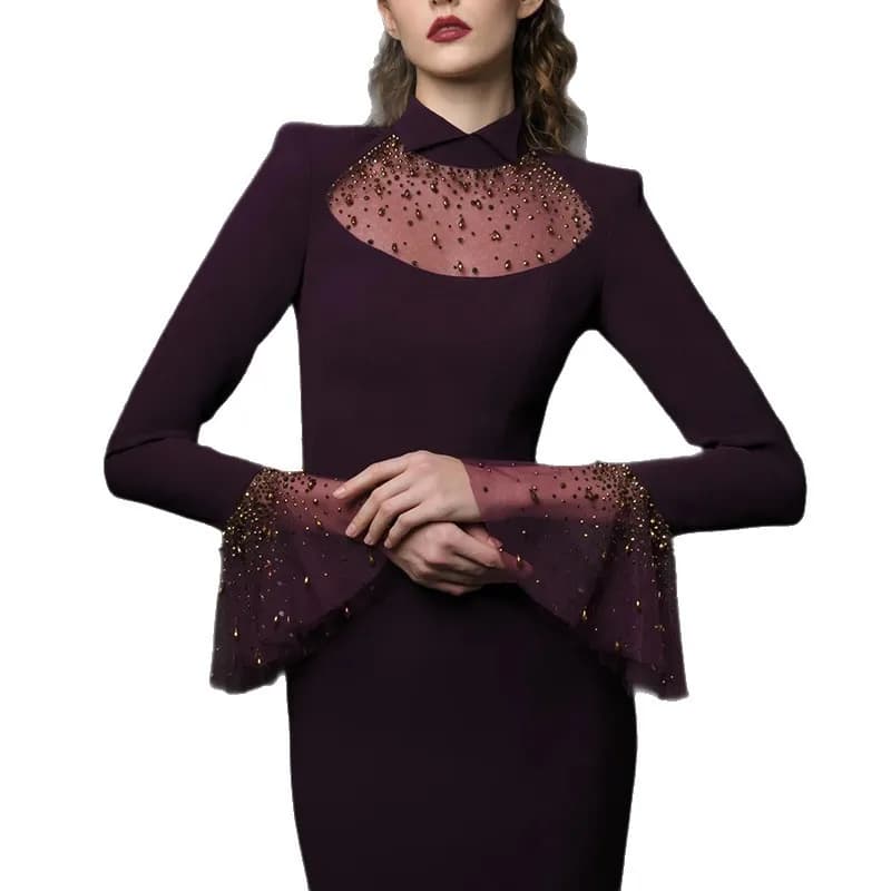 Nouvelle Collection 2026 – Robe Longue de Créateur pour Femme avec Col à Revers, Maille Patchwork, D