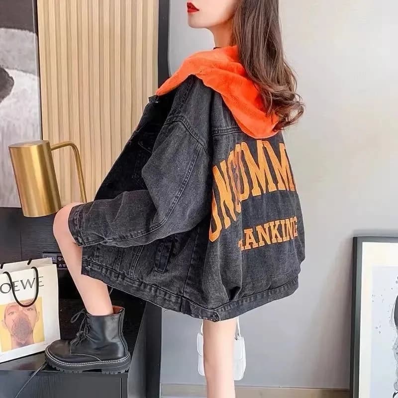 Veste en jean à capuche pour femme, vêtements en coton chaud, broderie adt, plus velours, UNIS issem