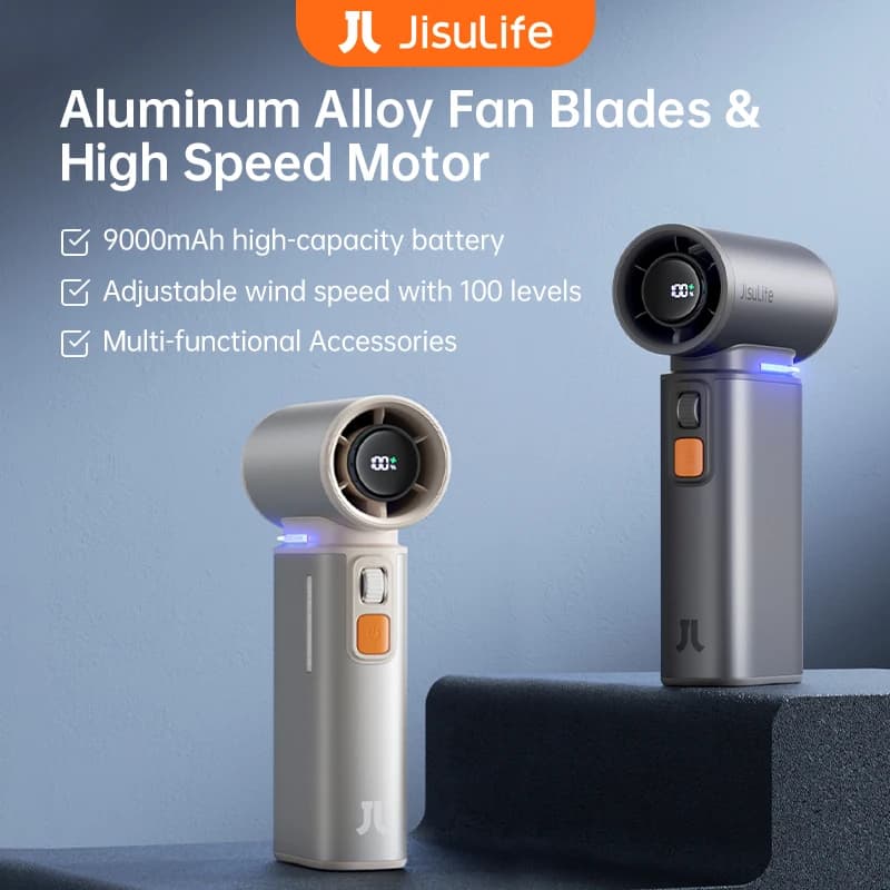 JISULIFE Ventilateur portatif Turbo, 100 vitesses de vents réglables, batterie rechargeable 9000 mAh