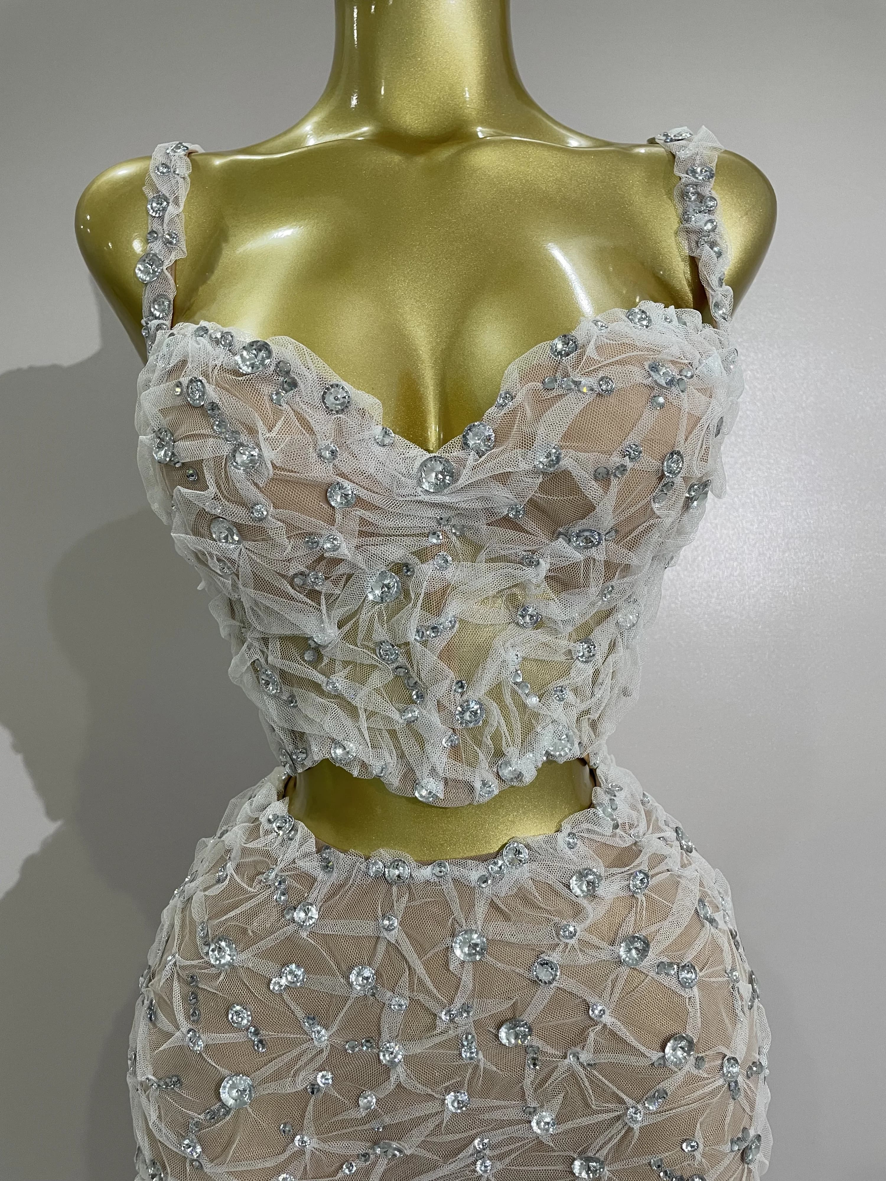 Ensemble deux pièces Sexy en dentelle pour femmes, haut à licou + pantalon Long, épissure de diamant