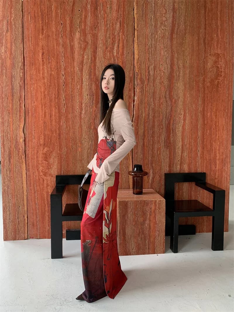 CHEERART Vintage rouge maille jupes longues pour femme à lacets Wrap Maxi jupe mode japonaise luxe c