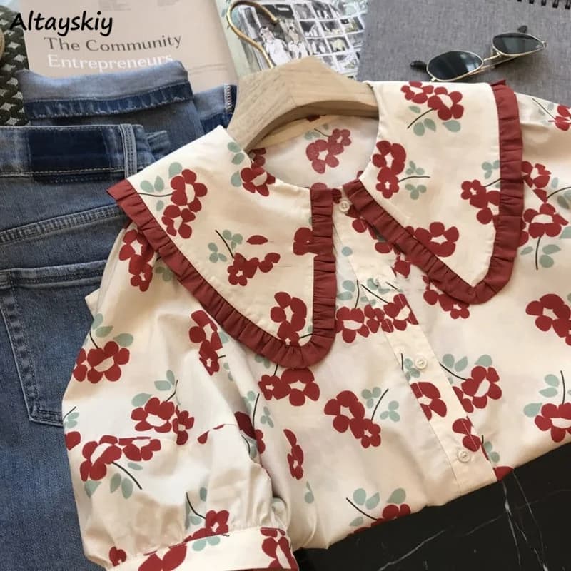 Chemises à fleurs pour femmes, mode coréenne, étudiants doux, Kawaii, Simple, All-Match, Chic, Doux,