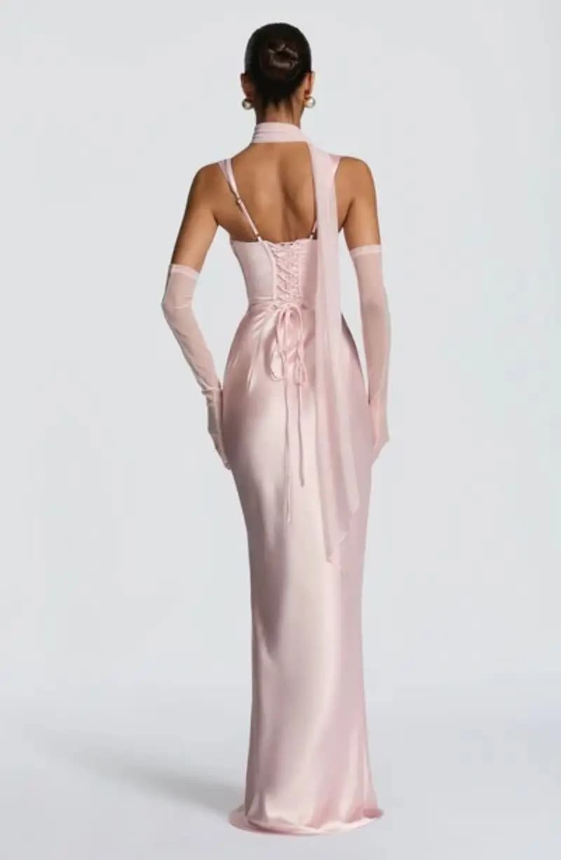 Robe longue en Satin sans bretelles, élégante, Corset vert, dos nu, rose, soirée, anniversaire, mari