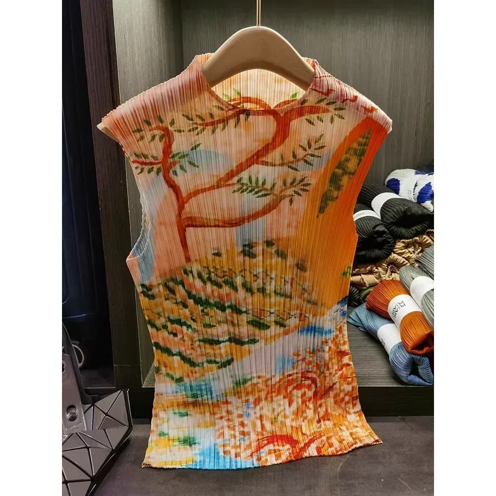 Plisceaux conception originale T-shirt 2025 été plissé fleur imprimé hauts décontracté mode apparaît