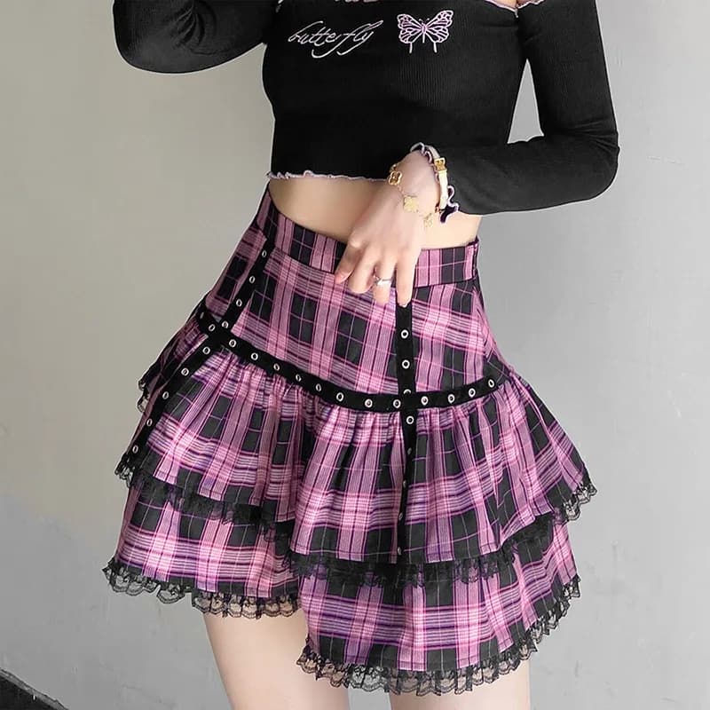 FISalle de bain-Mini jupe trapèze à carreaux taille haute, R Kawaii E-girl, Y2K, Vintage, Harajuku M