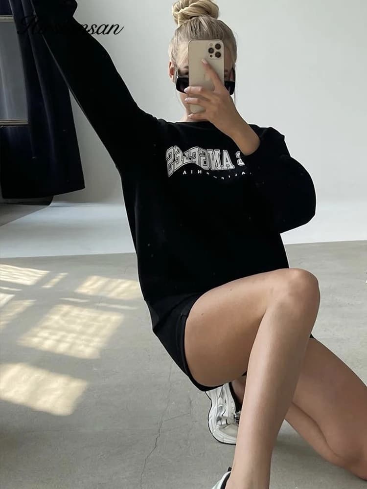 Hirsionsan-Sweat-shirt 35% coton imprimé lettre pour femme, pulls basiques, sweats à capuche coréens