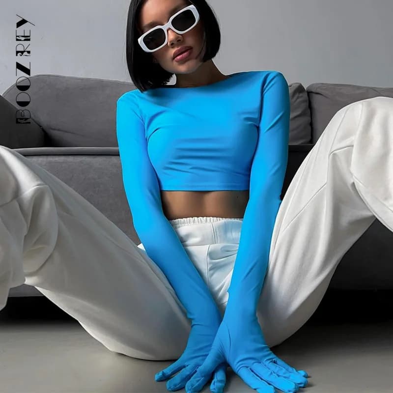 BoozRey Y2K couleur unie mince haut col rond t-shirt femmes mode d'été Sexy manches longues avec gan