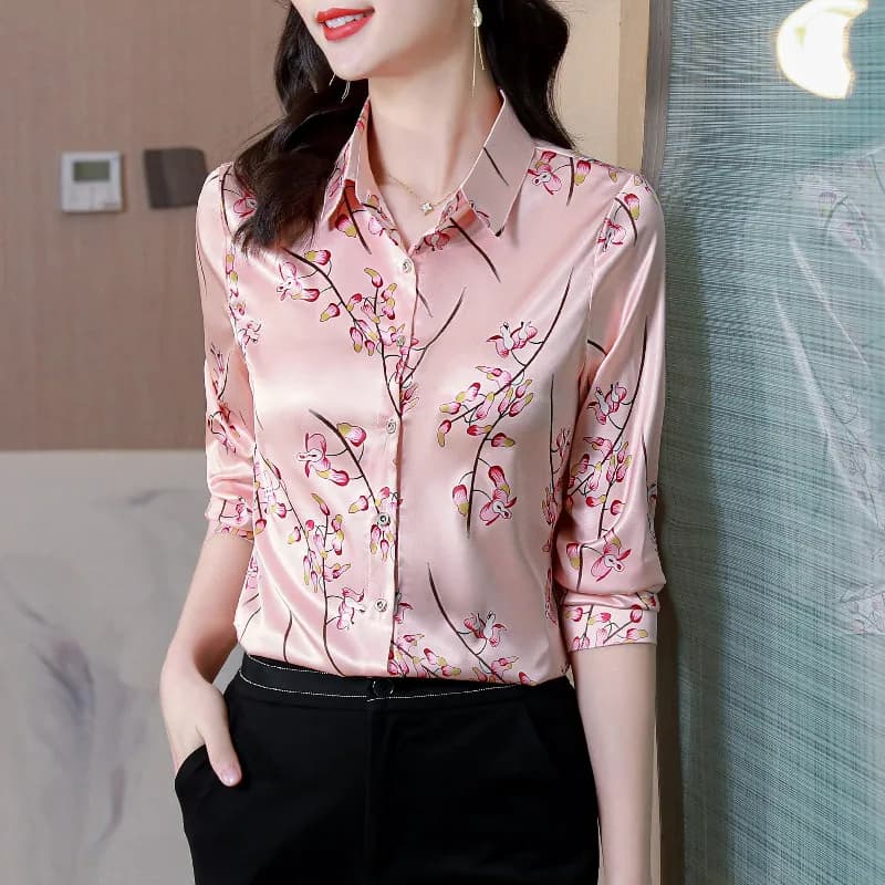 Chemise élégante en Satin de soie pour femmes, chemisier à manches longues, imprimé Floral, hauts de