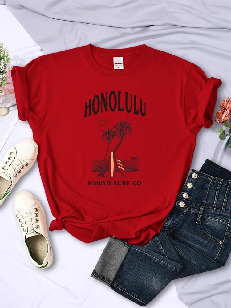 Honolulu-T-shirt manches courtes pour femme, estival et respirant, à la mode, avec imprimé hawaïen, 