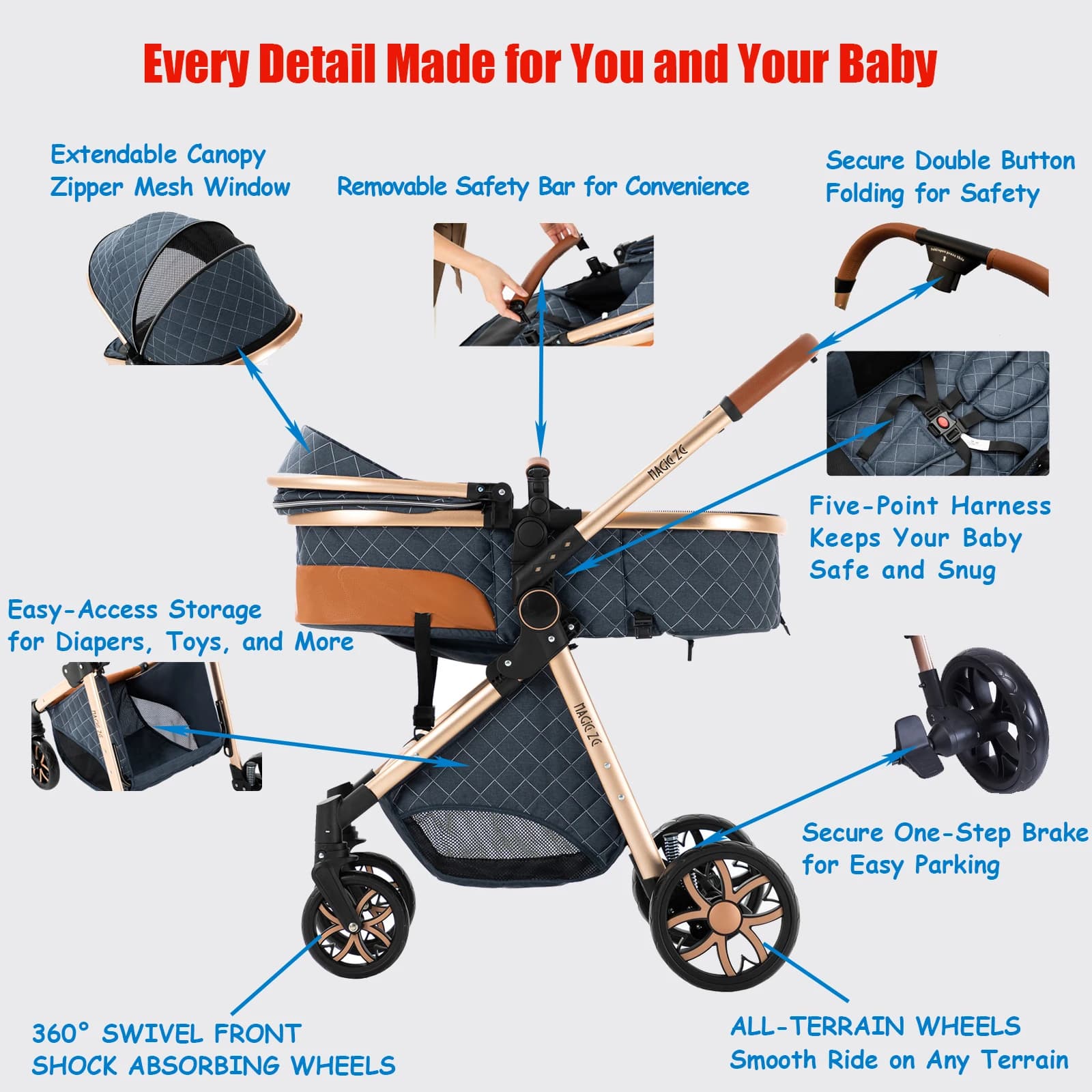 Poussette bébé 3 en 1 haute paysage avec siège auto landau bébé poussette bébé convertible cadre Dur