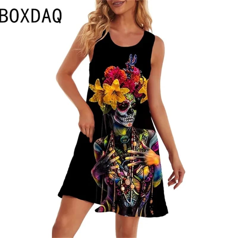 Robe d'été imprimée tête de mort 3D pour femmes, robes de plage en fibre, grande taille, robe trapèz