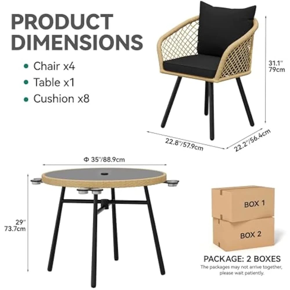 Ensemble de salle à manger d'extérieur 5 pièces avec coussins rembourrés, table et chaises de patio 