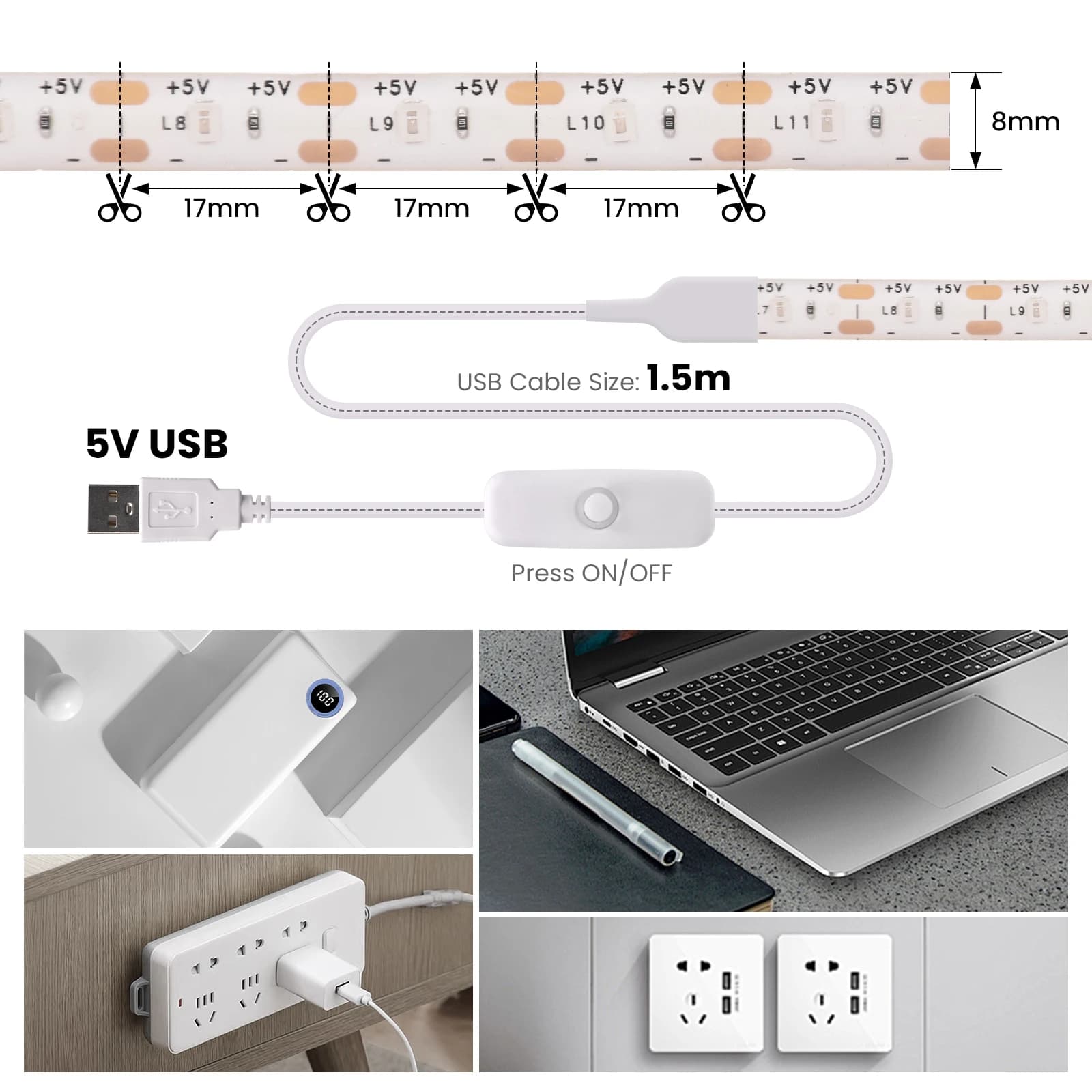 DC5V USB LED bande 2835 Dimmable interrupteur tactile rétro-éclairage TV cuisine bande Flexible LED 