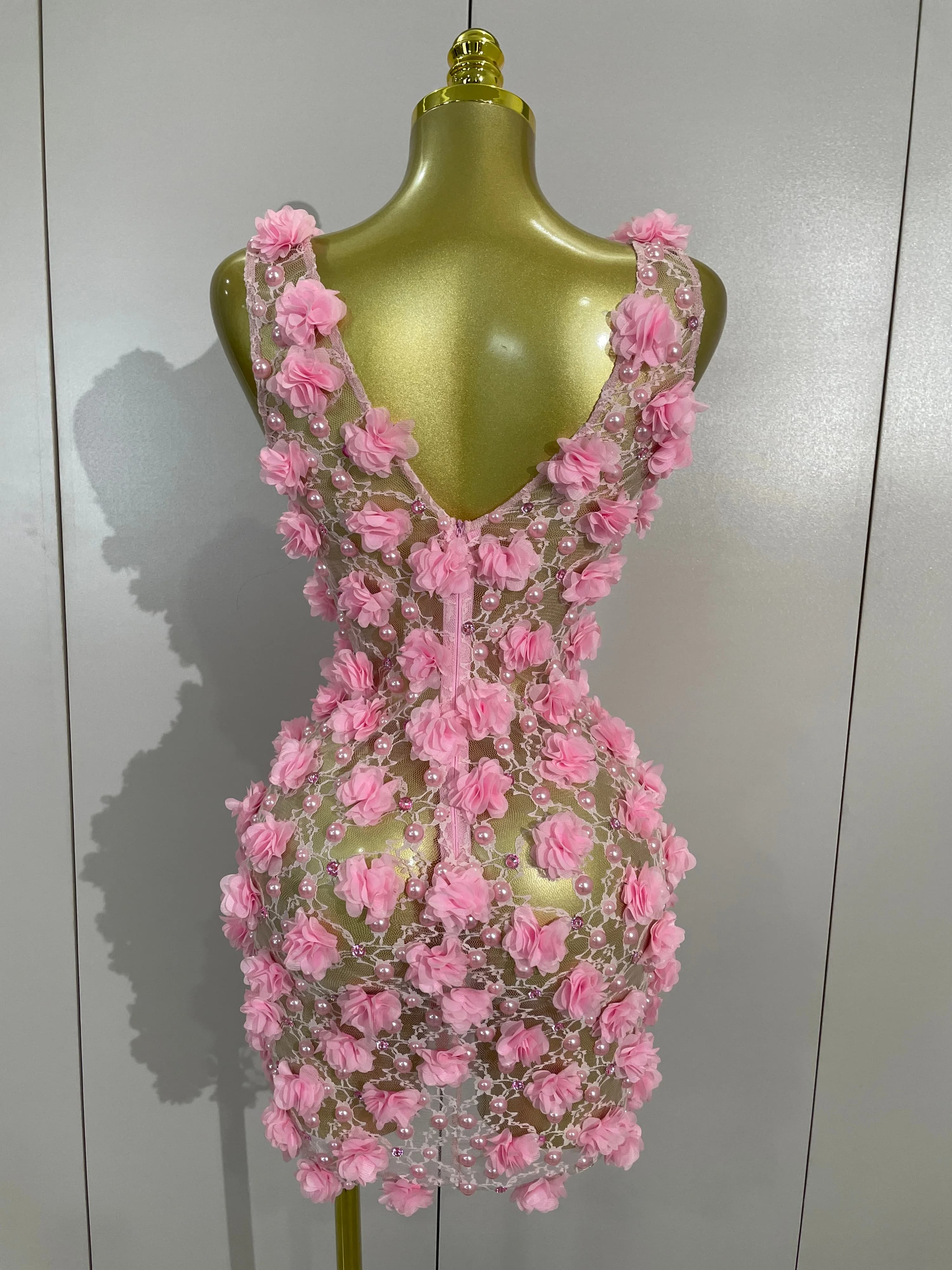 Robe de soirée pour femmes, robe de club, robe d'anniversaire, robe rose à fleurs en perles, robe en