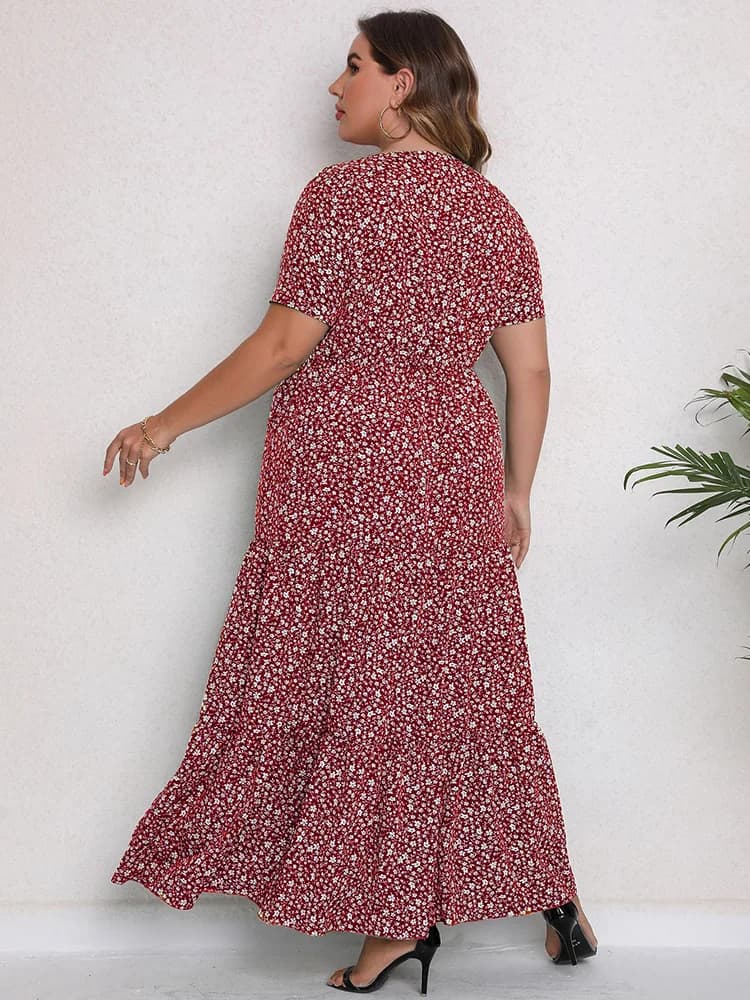 GIBSIE-Robe longue à volants pour femmes, grande taille, col rond, ourlet à fleurs, manches courtes,