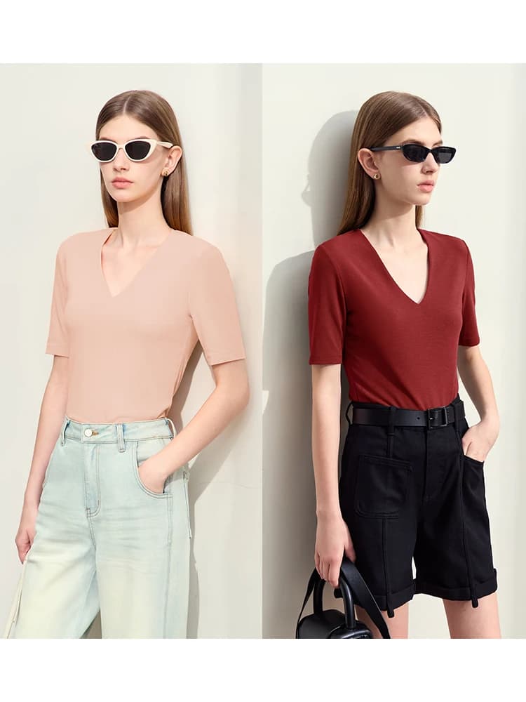 Amii minimalisme 2024 été nouveau col en v T-Shirts femmes coton tricoté demi manches T-shirt femme 
