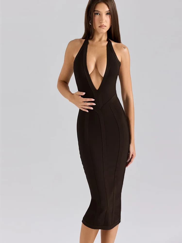 Robe moulante mi-longue à col en V profond et dos nu, style bandage, sexy et tendance, pour femme, i