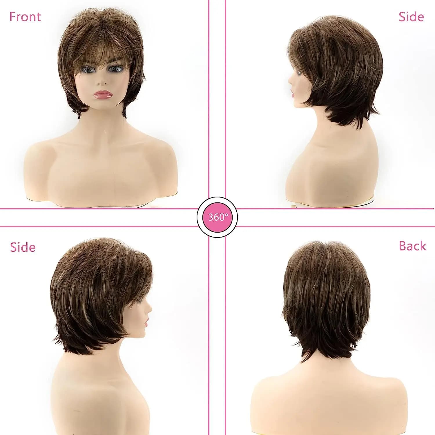 Short marron pour femmes blanches, coupe Pixie superposée avec reflets blonds, cheveux synthétiques 