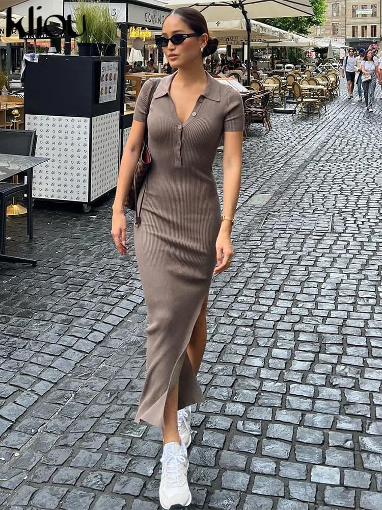Kliou-Robe Maxi Élégante pour Femme de Bureau, Couleur Unie, Col Rabattu, Manches Courtes, lèvent, F