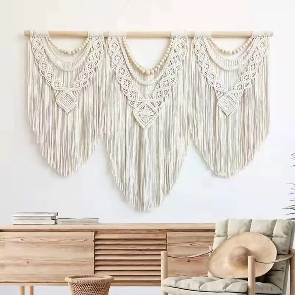 Grande tapisserie murale suspendue en macramé avec bâton en bois, rideau à pampilles bohème tissé à 