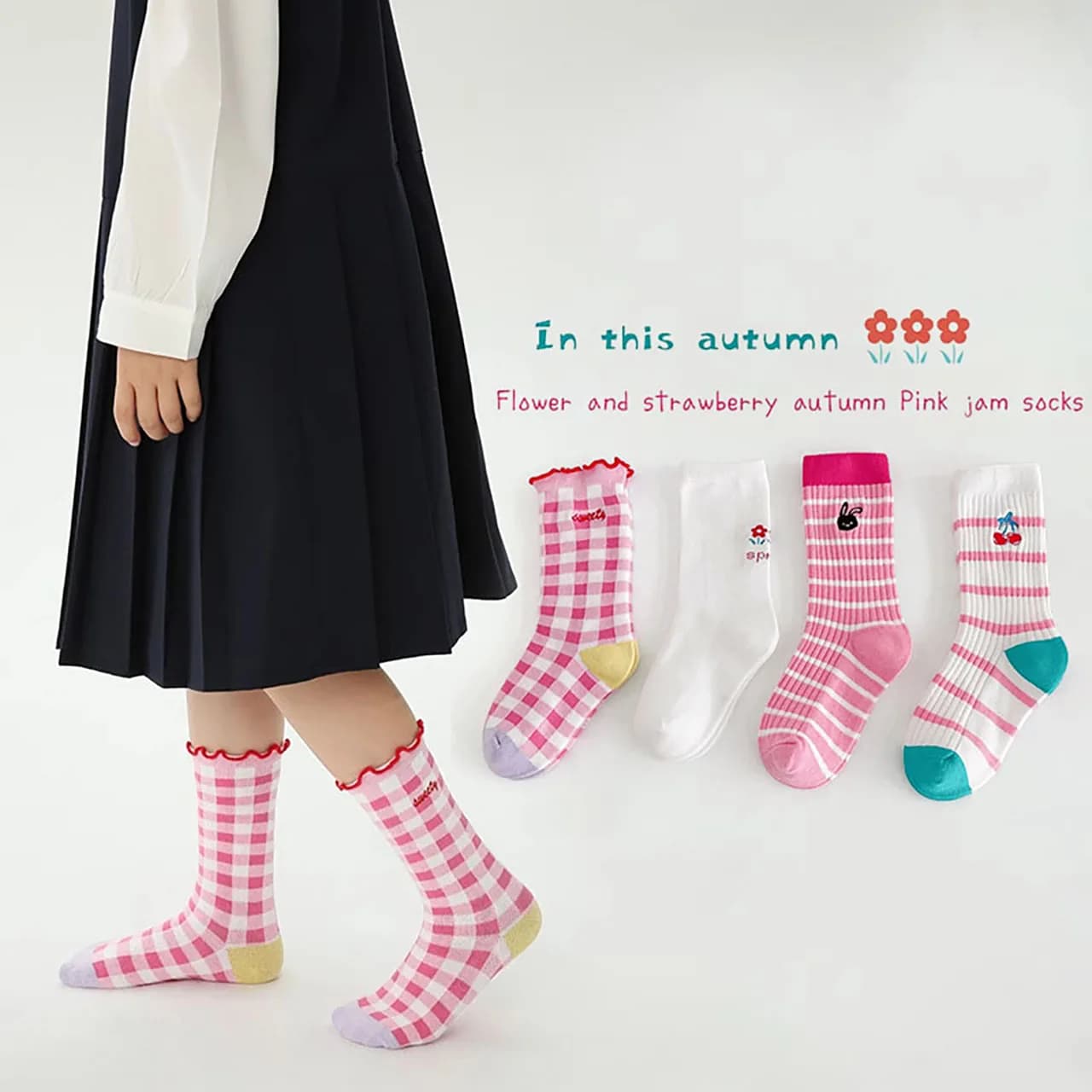 4 paires de chaussettes roses pour filles, chaussettes mi-tube en coton pour enfants, chaussettes co