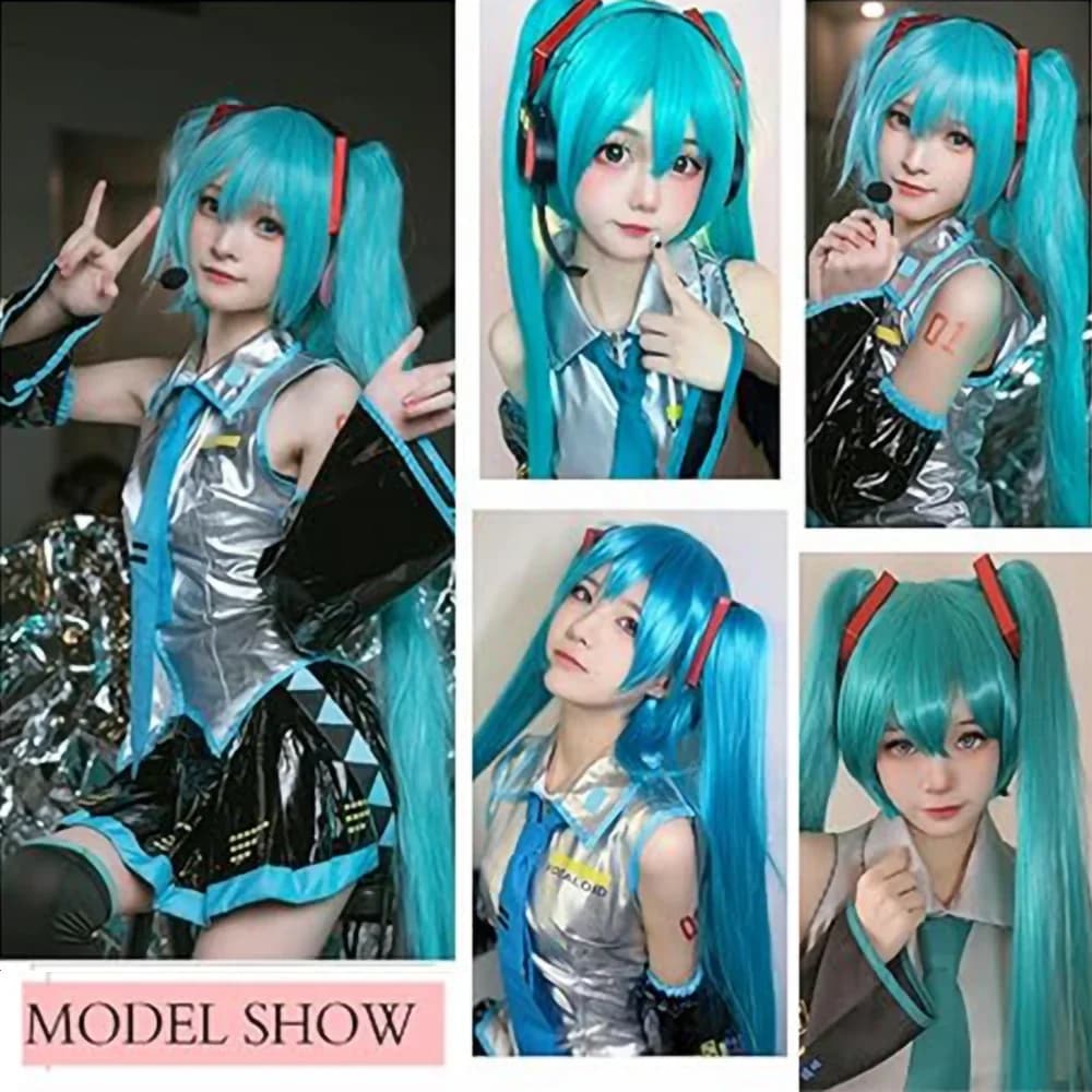 Perruque de cosplay Anime Hatsune Miku, perruque en fibre synthétique double queue de cheval de 110 