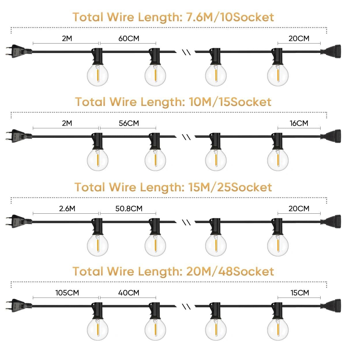 Guirlande lumineuse G40 incassable 220V 110V LED pour extérieur, étanche, connectable, décoration fe