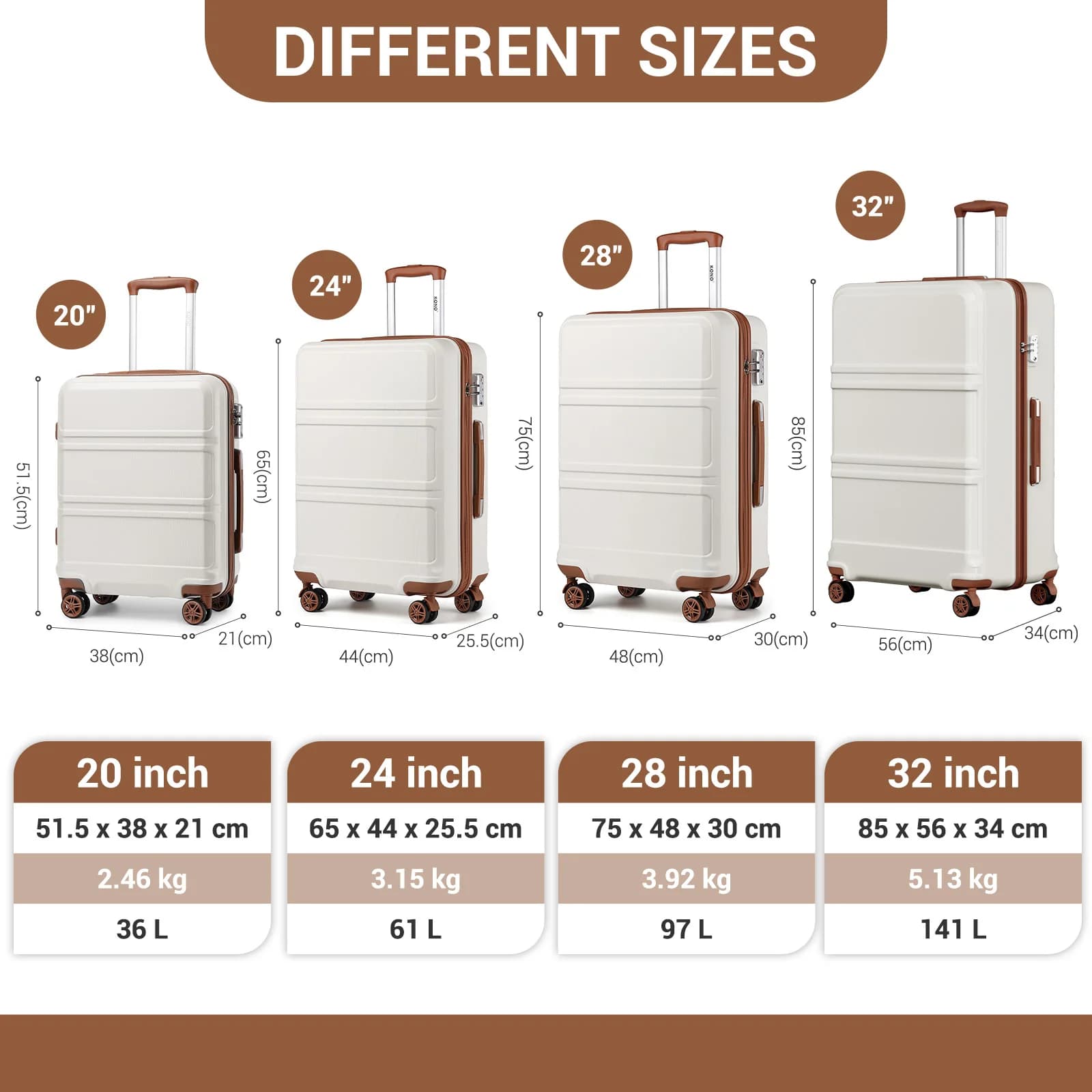 Étui rigide KONO de 32 pouces, chariots légers ABS + PC avec double roues, serrure TSA, valise (S/M/