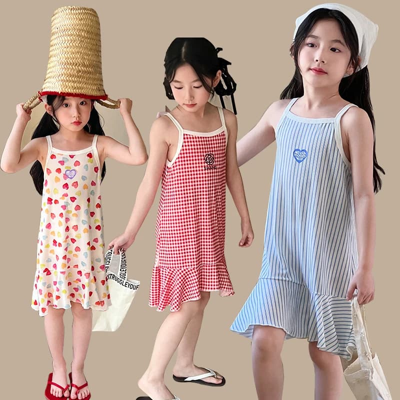 Robes d'été en coton pour filles Robes de mode pour enfants Robes fines à licou pour filles Robes à 