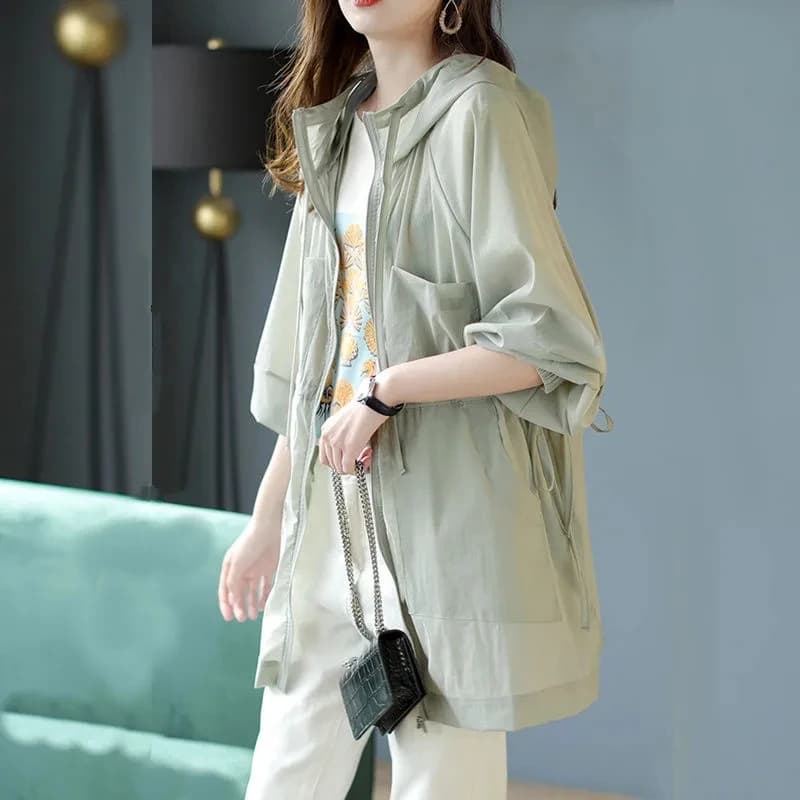 Lightweight Hooded Sunscreen Jacket Women's Mid-Long White Windbreaker Waist-Breathable Summer 2022 