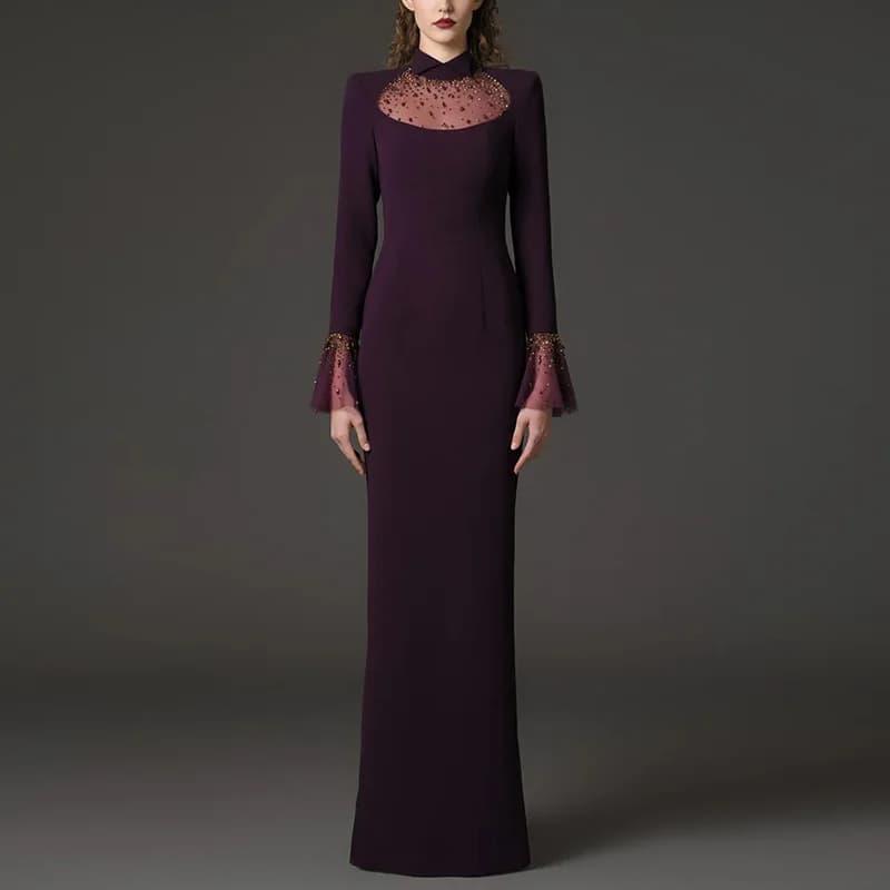Nouvelle Collection 2026 – Robe Longue de Créateur pour Femme avec Col à Revers, Maille Patchwork, D
