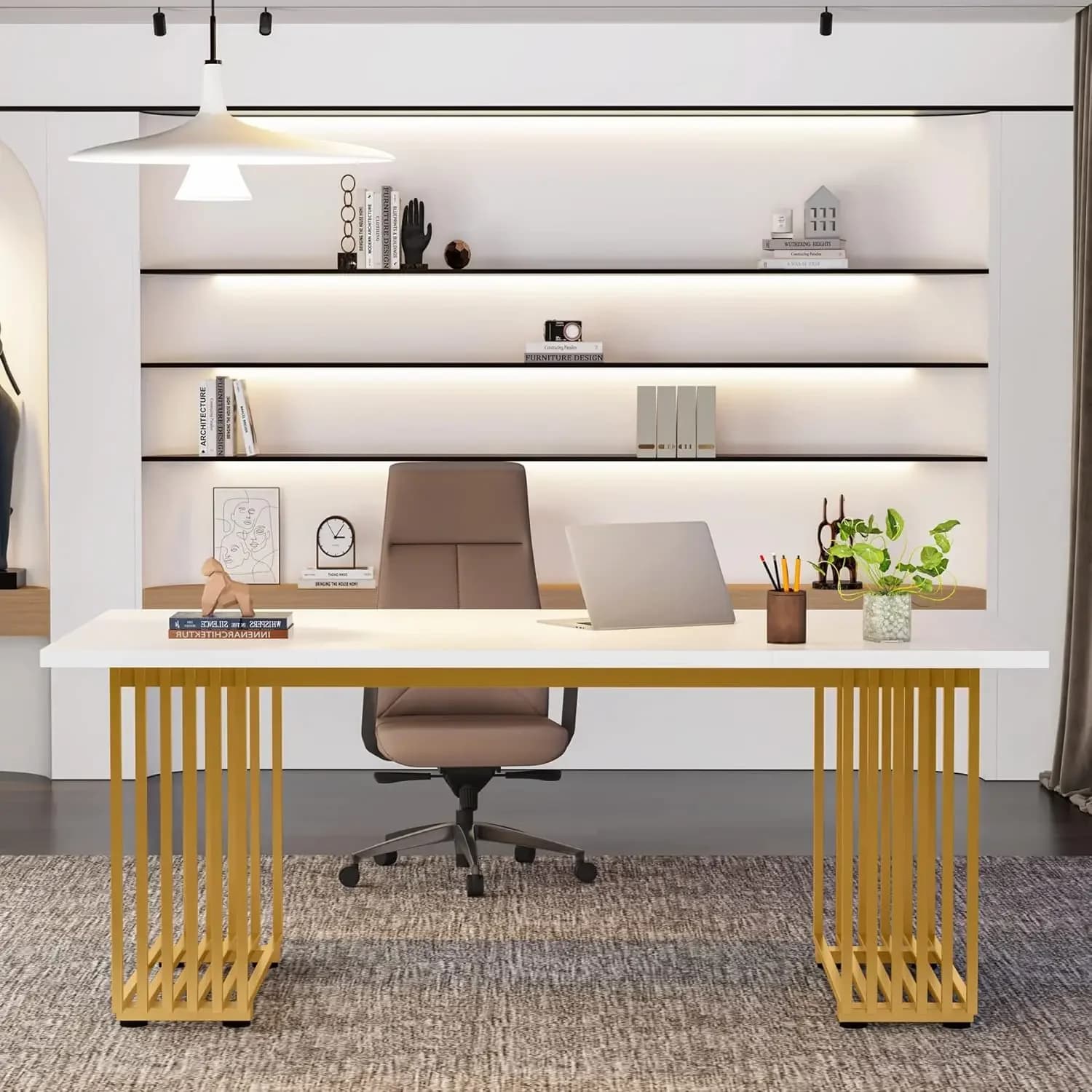 Bureau de travail blanc LITTLE TREE 70,9 pouces, bureau de direction moderne avec pieds en métal dor