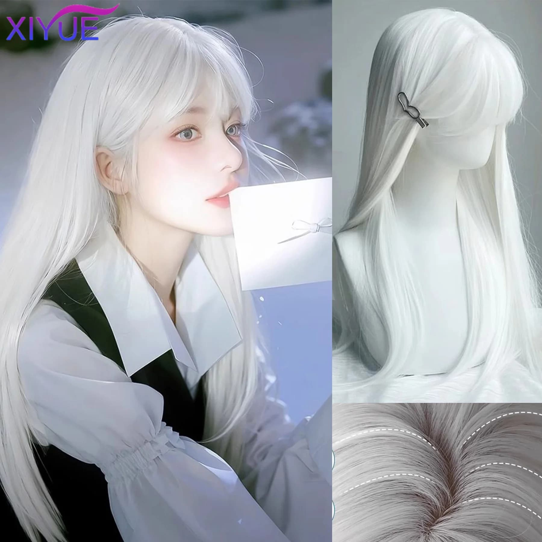 XIYUE – perruques synthétiques longues et lisses blanches pour femmes, faux cheveux colorés de fête 