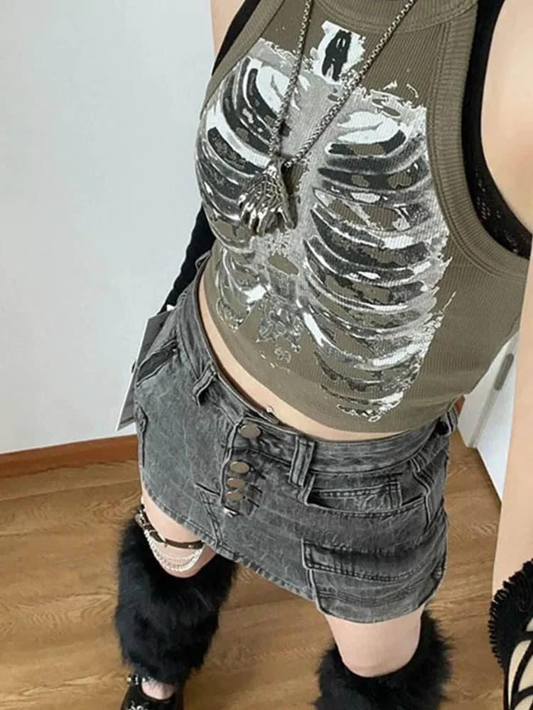 Punk Aesthetic Cyber Retro X-Ray Modules for Women, Rib Print, FibroArmyGreen Crop Top, Designer Clo