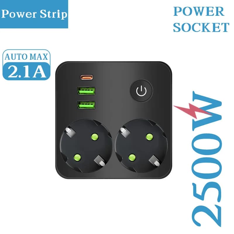 Multiprise murale EU avec 2 ports USB et 1 port Type-C, 2500W