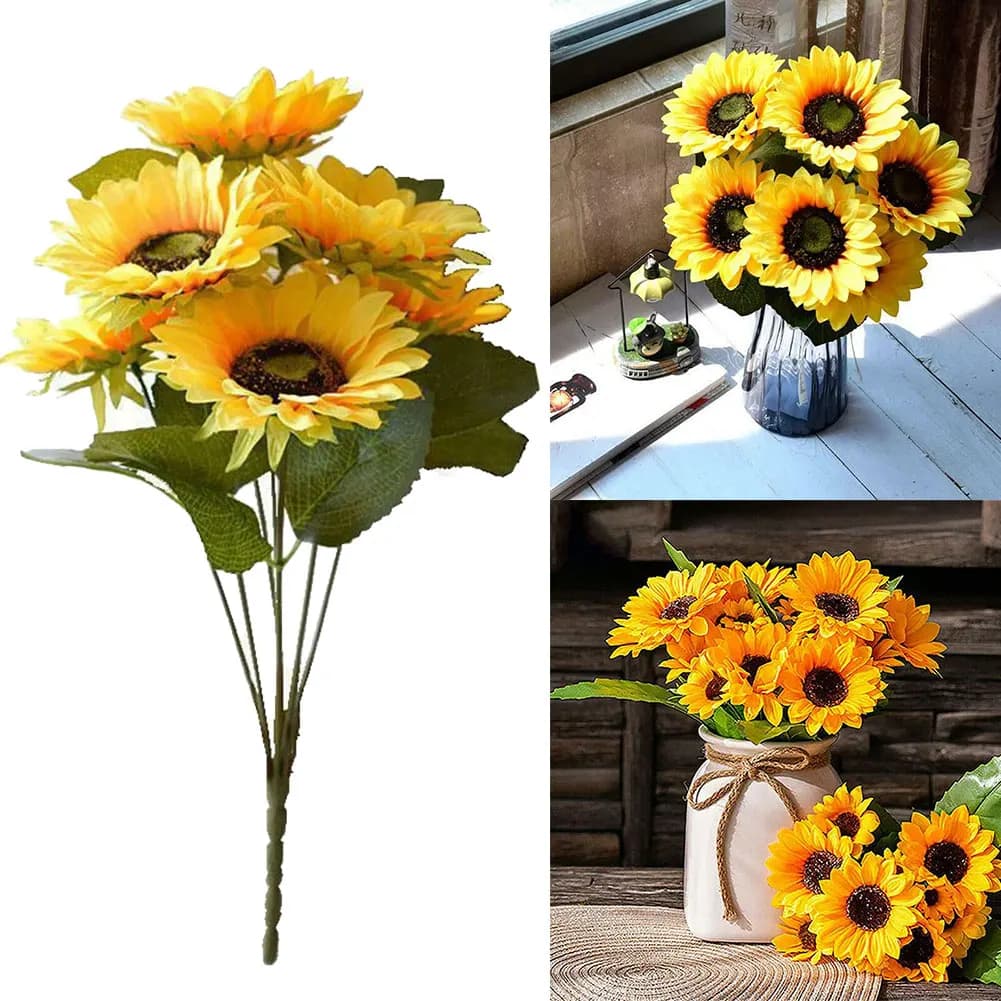 Bouquet de tournesols artificiels, 1 bouquet, 7 têtes, 29cm, fausses fleurs, pour jardin, librairie,