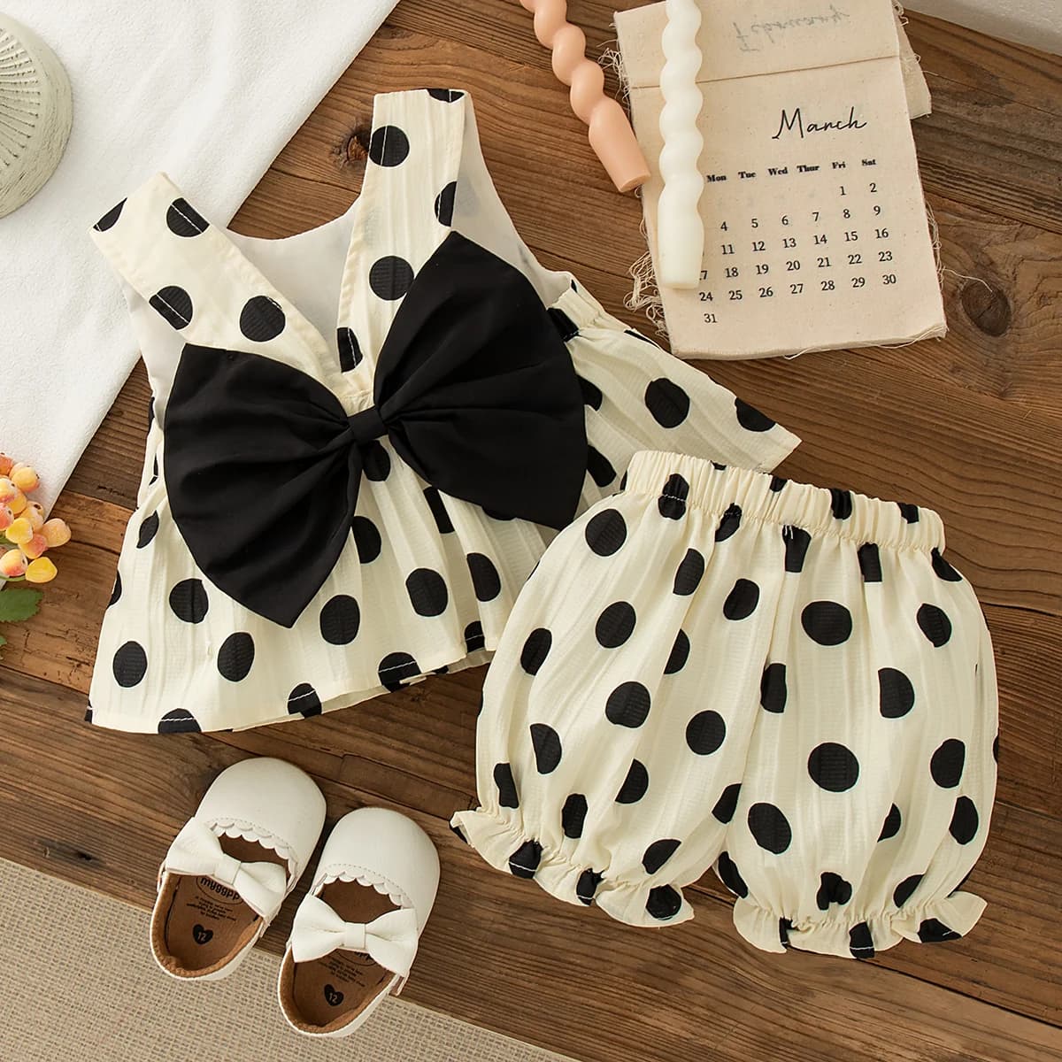 Ensemble 2 pièces pour petites filles, haut et short sans manches avec nœud à pois, Style coréen, te