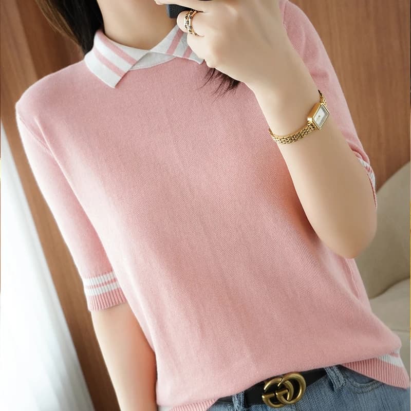 T-shirt tricoté 100% coton pour femmes, pull à manches courtes, décontracté, couture à revers, grand