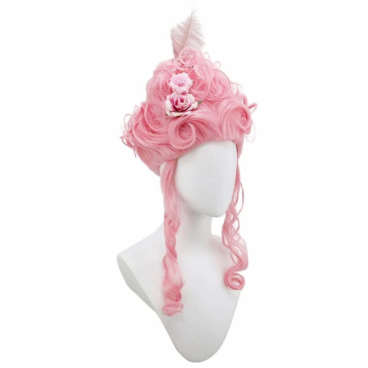 Perruque synthétique rose moelleuse de haute qualité |   Coiffure de la reine avec des fleurs de plu