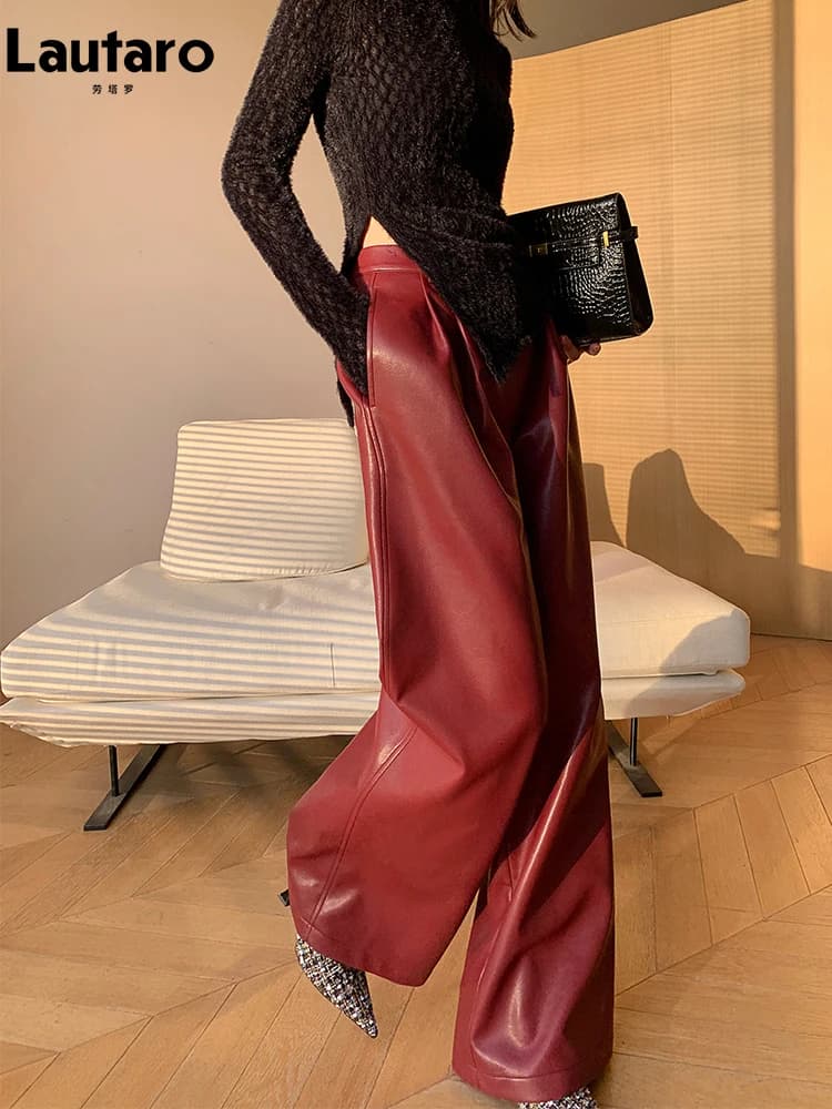 Lautaro printemps automne ample décontracté doux noir bordeaux Pu cuir pantalon à jambes larges pour
