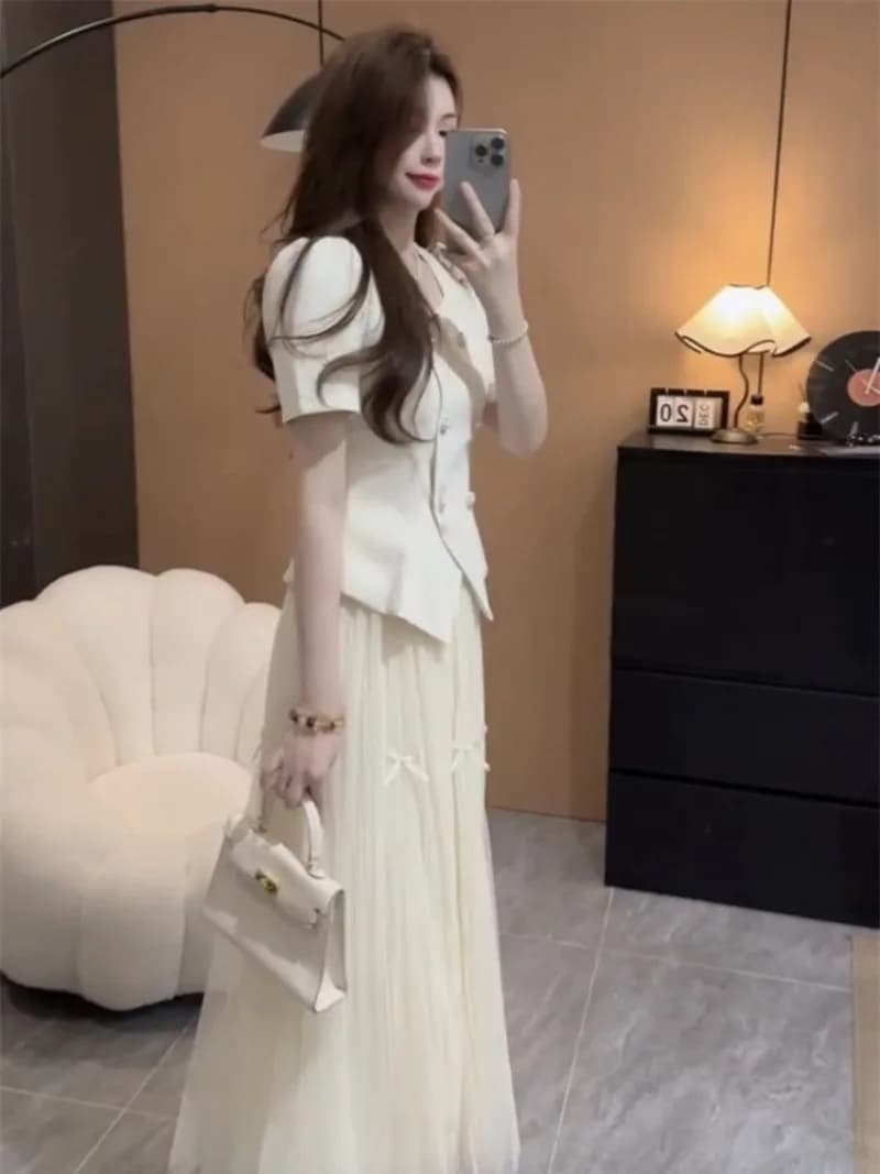 Costume d'été français haut de gamme pour femmes, mode bouffante, manches courtes, veste à boutonnag