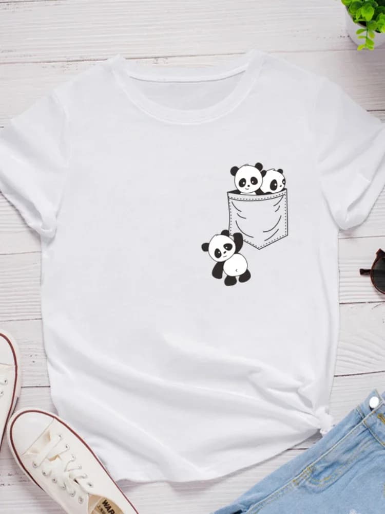 Poche Panda imprimer femmes t-shirt à manches courtes col rond lâche femmes t-shirt dames mode t-shi