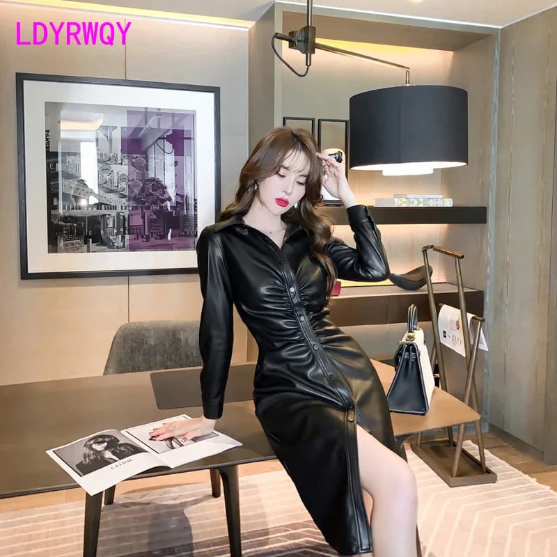 Robe plissée en cuir AudiPU pour femmes, vêtements de station européenne, petite robe de célébrité d