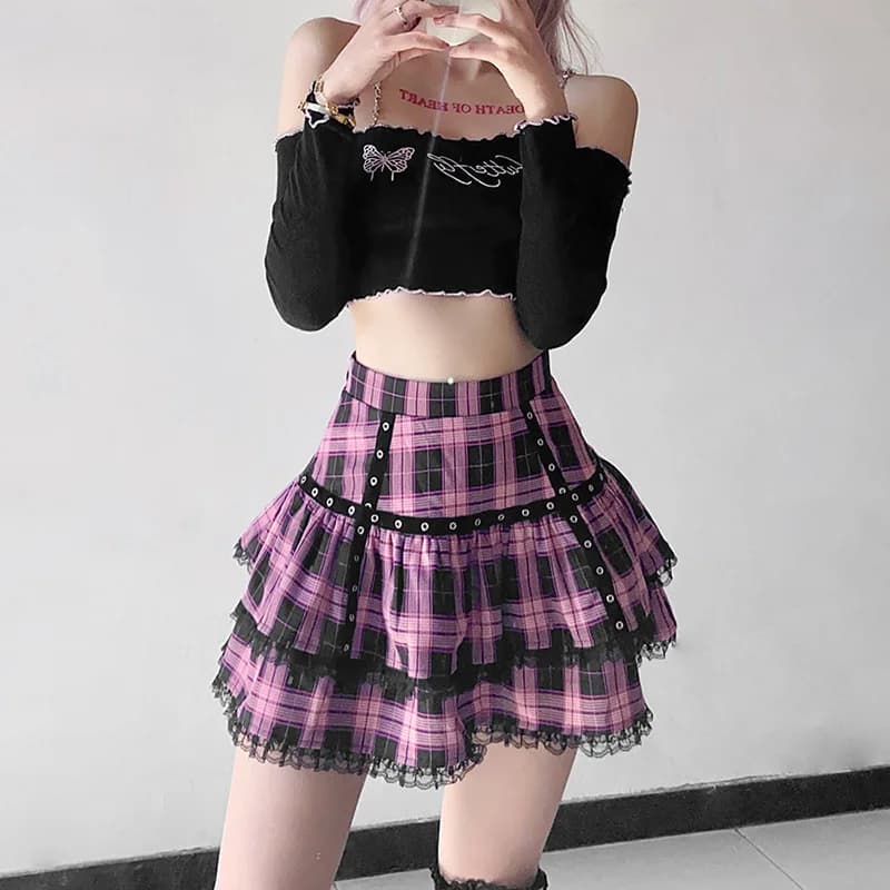 Lolita gâteau Mini jupes gothique japonais Harajuku filles violet rose Plaid jupe plissée Punk doux 