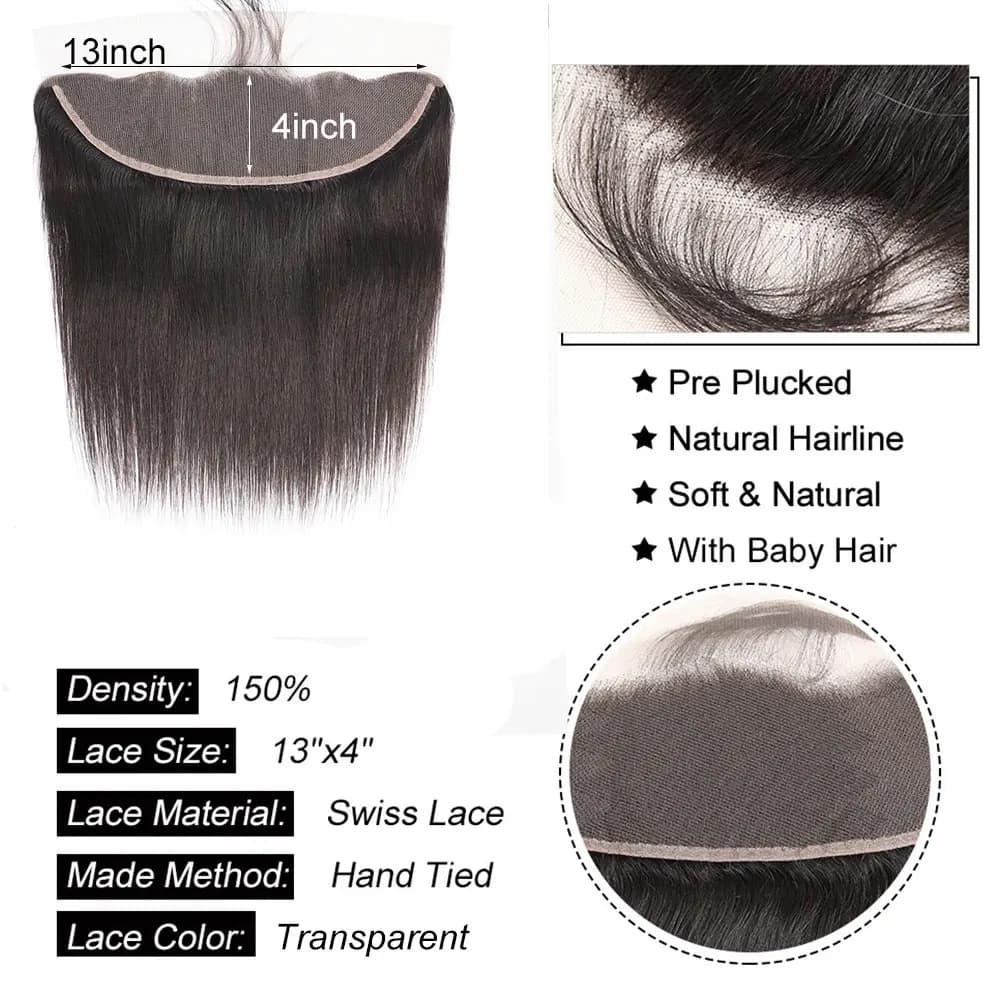 Extensions de cheveux naturels lisses avec Lace Closure, 4x4, 5x5, 6x6, 13x4, 13x6, Extensions front