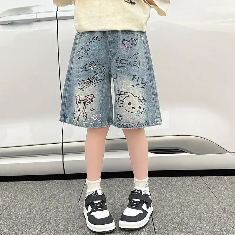 Shorts en jean mignons Sanrio, style décontracté, imprimé Hello Kitty, nouvelle collection, pour enf