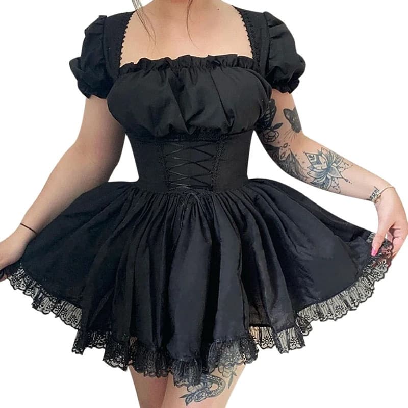 Robe trapèze à manches bouffantes pour femmes, tenue courte d'été Fairycore Lolita, couleur unie, ga